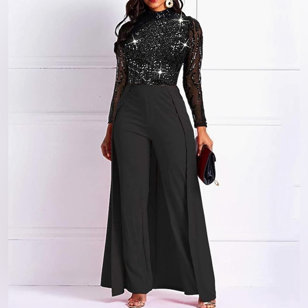 VERWIN Patchwork Overlay Embellished Plain Women's Jumpsuit High-Waist Romper
